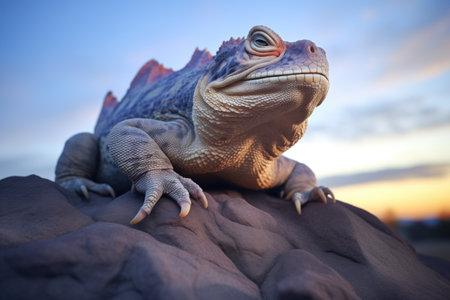 lone lizard on boulder displaying dewlap at duskの素材