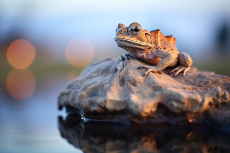 lone lizard on boulder displaying dewlap at duskの素材