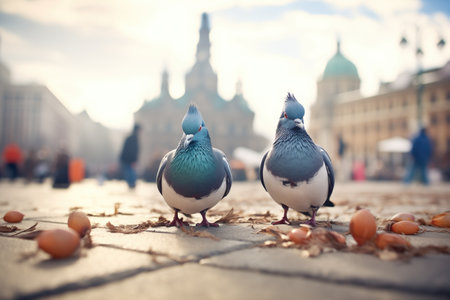 pigeons cooing in a public squareの素材