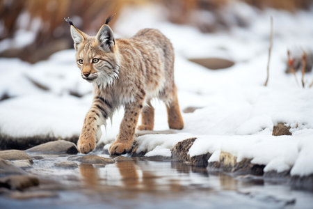 lone lynx walking alongside a frozen creekの素材