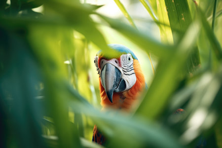 curious macaw peeking through foliage, then taking offの素材
