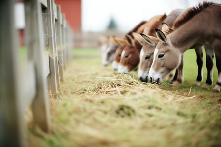 mules feeding on hay next to a split-rail fenceの素材