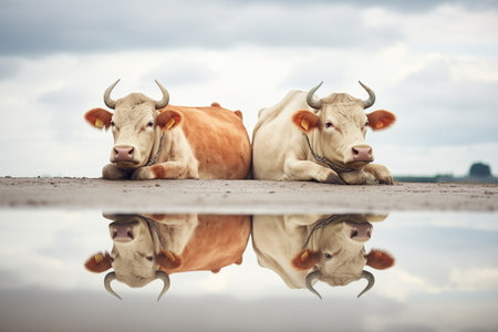 reflection of resting oxen in a puddle near the fieldの素材