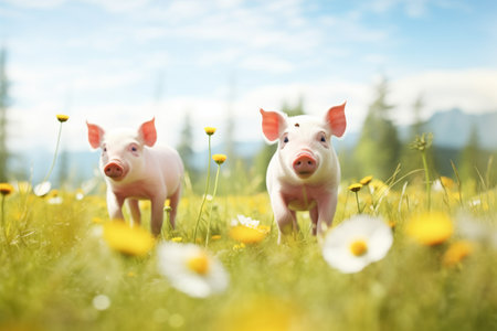 young pigs frolicking in a bright meadowの素材