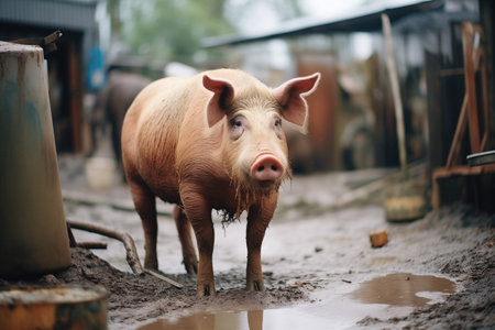 domestic pig in a muddy corralの素材