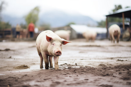 domestic pig in a muddy corralの素材