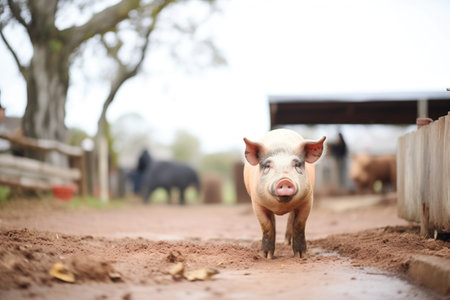 muddy pig near a water troughの素材
