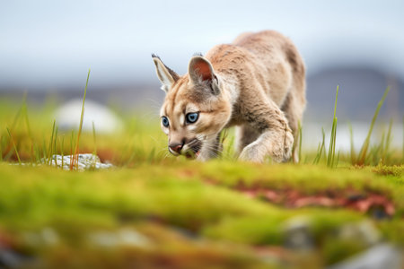 puma stalking prey in a high mountain meadowの素材