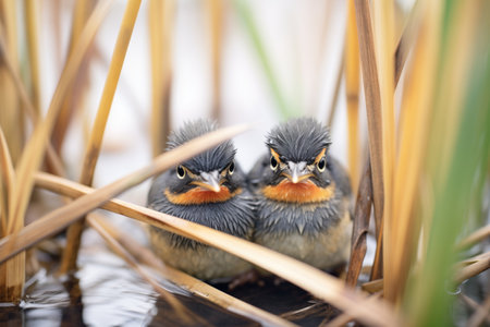 young blackbirds hiding among dense reedsの素材
