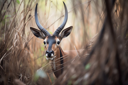 sable antelope navigating through dense brushの素材