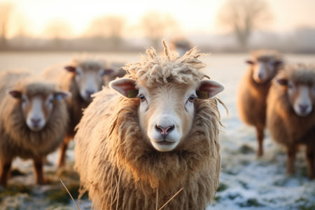 group of woolly sheep close-up in frosty fieldの素材