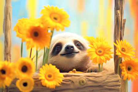 sloth with bright yellow flowers in the foregroundの素材