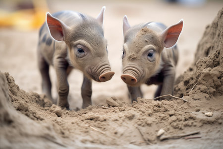baby warthogs playing in the dirtの素材