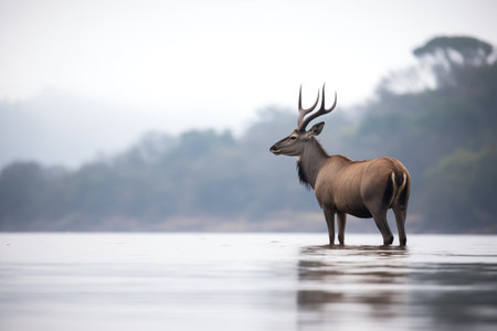 overcast sky with waterbuck silhouette riversideの素材