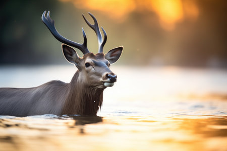 waterbuck silhouette against sunset on riverの素材