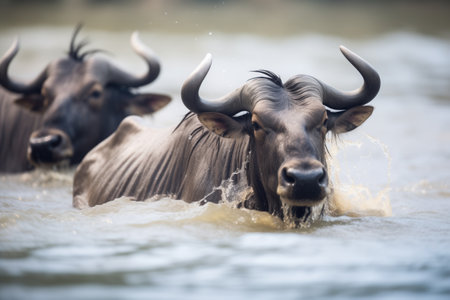 close-up of wildebeests splashing through waterの素材