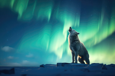 wolf howling with northern lights backdropの素材