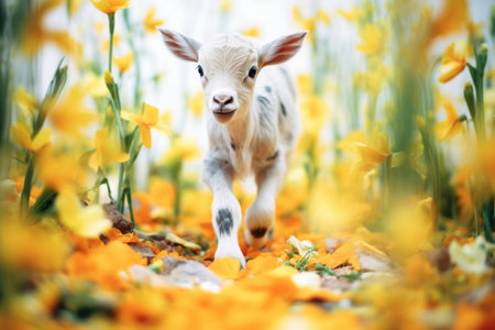 lamb frolicking among daffodilsの素材