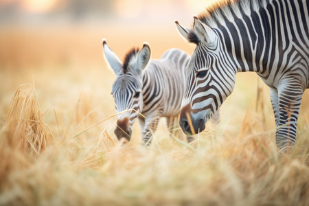 zebras with foal feeding in fieldの素材