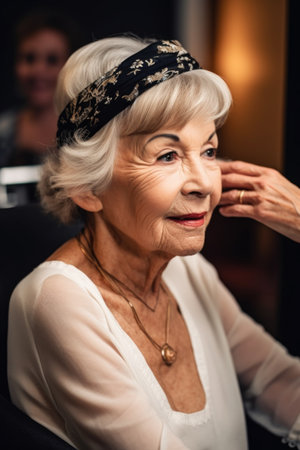 shot of an attractive senior woman wearing a headband while getting her hair doneの素材