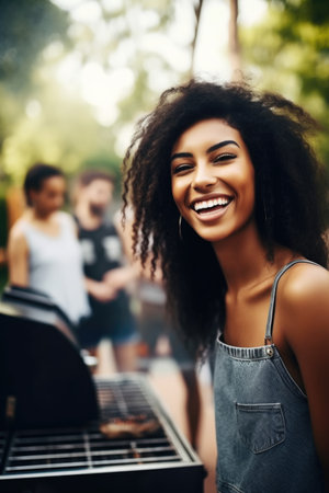 shot of an attractive young woman spending time with her friends at a barbecueの素材