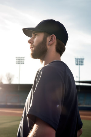 a baseball player standing at the field looking aheadの素材