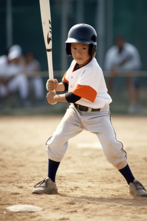 a young ballplayer batting on a baseball fieldの素材