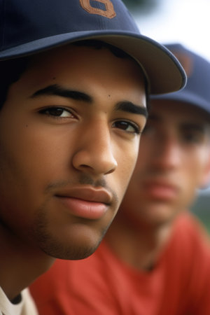 cropped shot of two young men playing baseballの素材