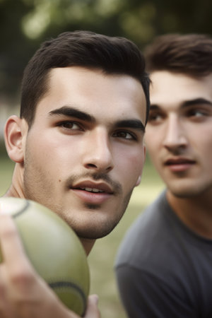 cropped shot of two young men playing baseballの素材