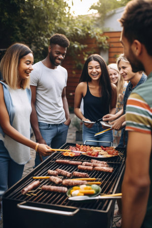 cropped shot of a group of friends gathering around a barbecueの素材