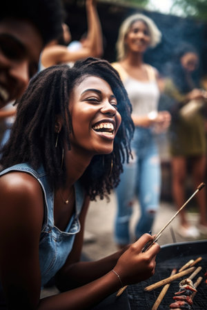 shot of a woman having fun with her friends at an outdoor barbecueの素材