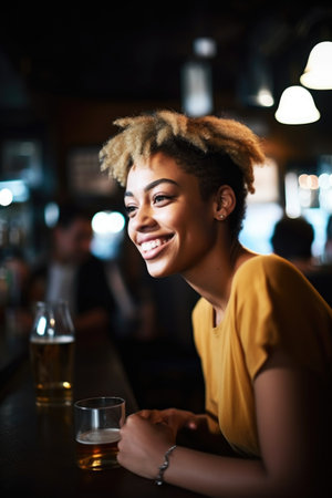 shot of a young woman enjoying a beer while out at the bar with friendsの素材