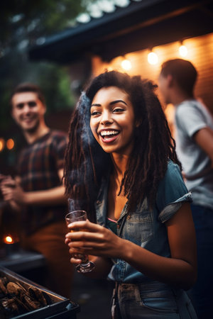 shot of a young woman having some beer with her friends at a barbecueの素材