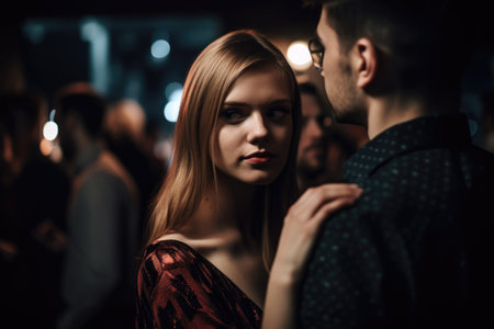 shot of a young woman looking at her boyfriend on the dance floorの素材