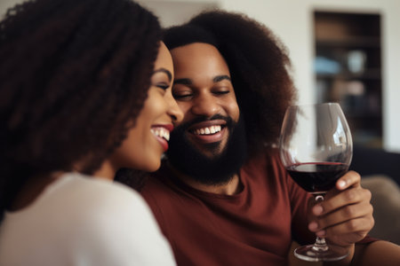 closeup shot of a couple enjoying wine together at homeの素材