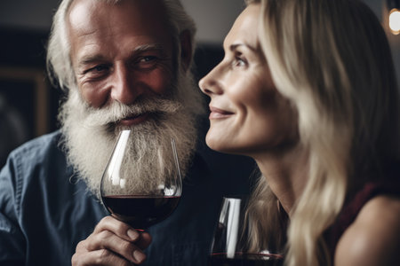 closeup shot of a couple enjoying wine together at homeの素材