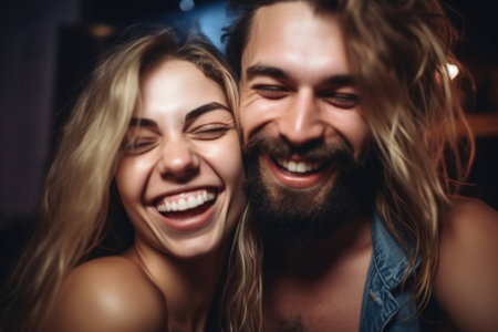 portrait of a happy young couple having fun at a partyの素材