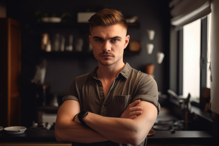 portrait of a handsome young man standing with his arms folded at homeの素材