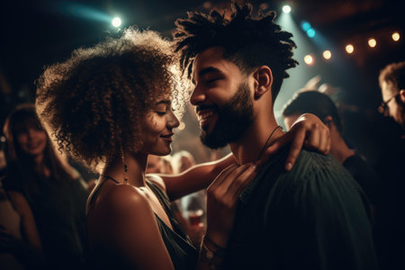 shot of an attractive young couple dancing together at a partyの素材