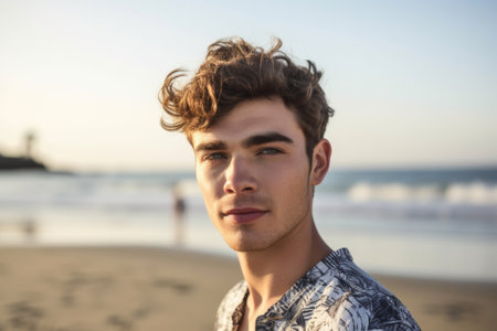 portrait of a handsome young man spending the day at the beachの素材