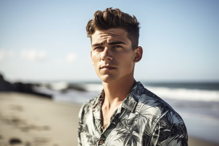 portrait of a handsome young man spending the day at the beachの素材