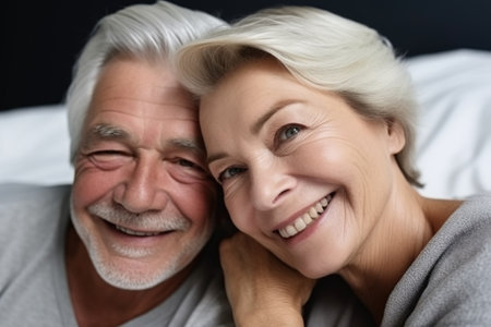 portrait of a couple smiling while lying together in bedの素材