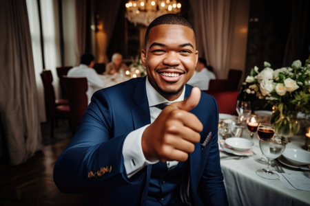 shot of a handsome young man showing thumbs up at his wedding receptionの素材