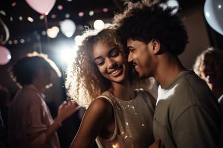 shot of a happy young couple dancing at a partyの素材