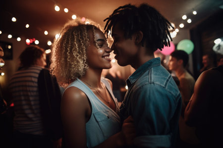 shot of a young couple dancing to music at a partyの素材