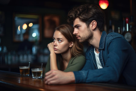 shot of a young couple looking upset while drinking at a barの素材