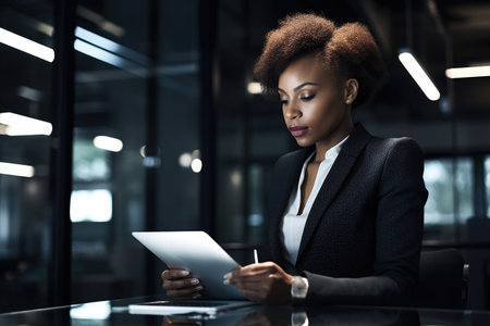 shot of a young woman using her laptop and digital tablet at workの素材