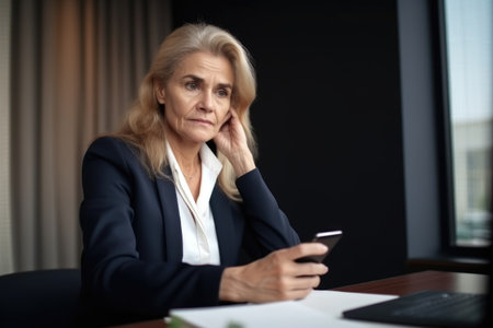 portrait of a mature businesswoman using her cellphone while sitting at her deskの素材