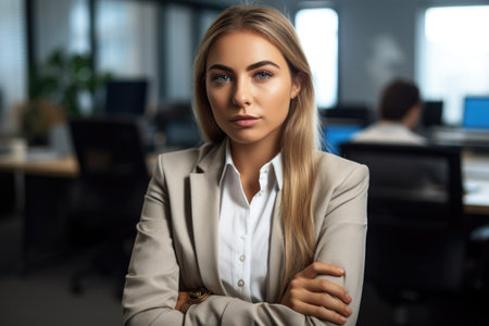 portrait of a confident young woman working in a busy officeの素材