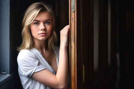 shot of a young woman leaning against a doorway with her arms crossedの素材